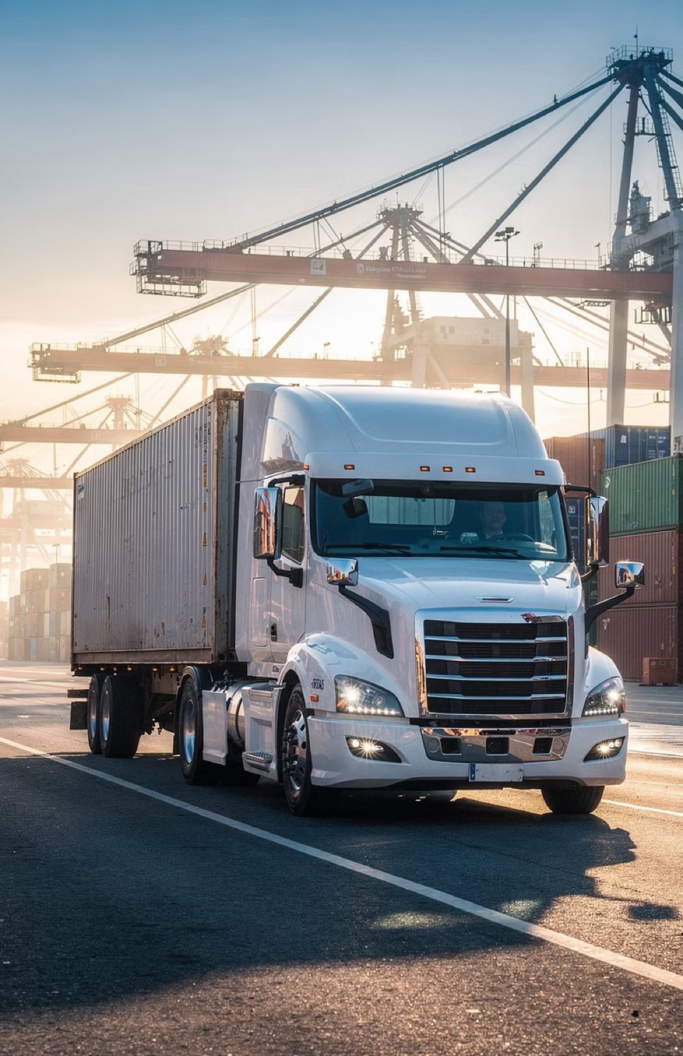 Camión de transporte FCL en puerto con grúas pórtico