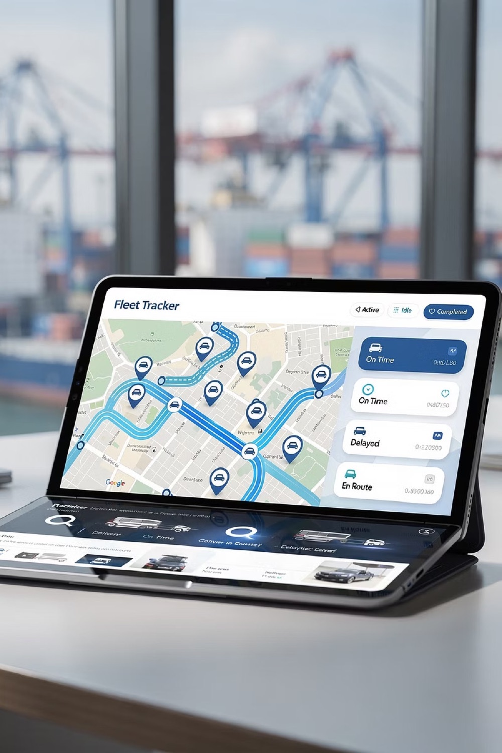 Tablet mostrando panel de seguimiento de flota en tiempo real
